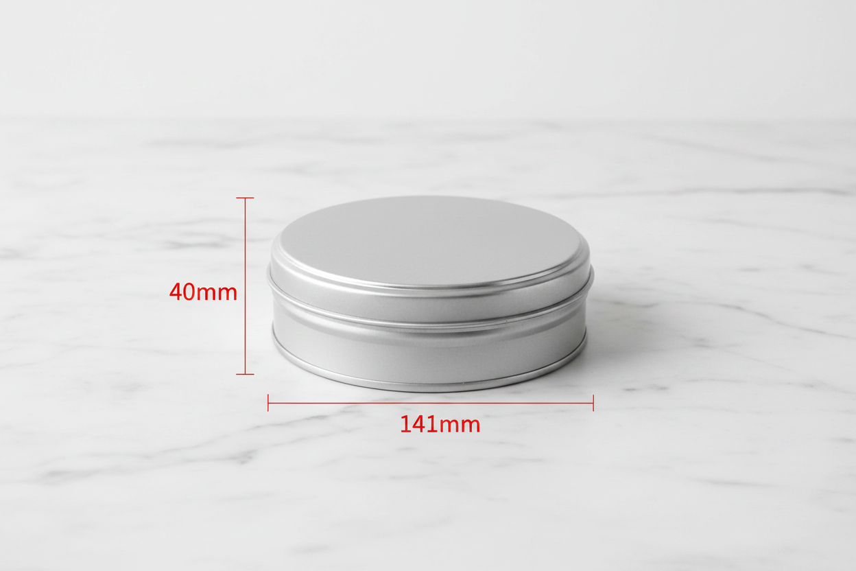 Caja metálica redonda 141mm diámetro x 40mm alto con guías de medidas externas en rojo — dimensiones exactas
