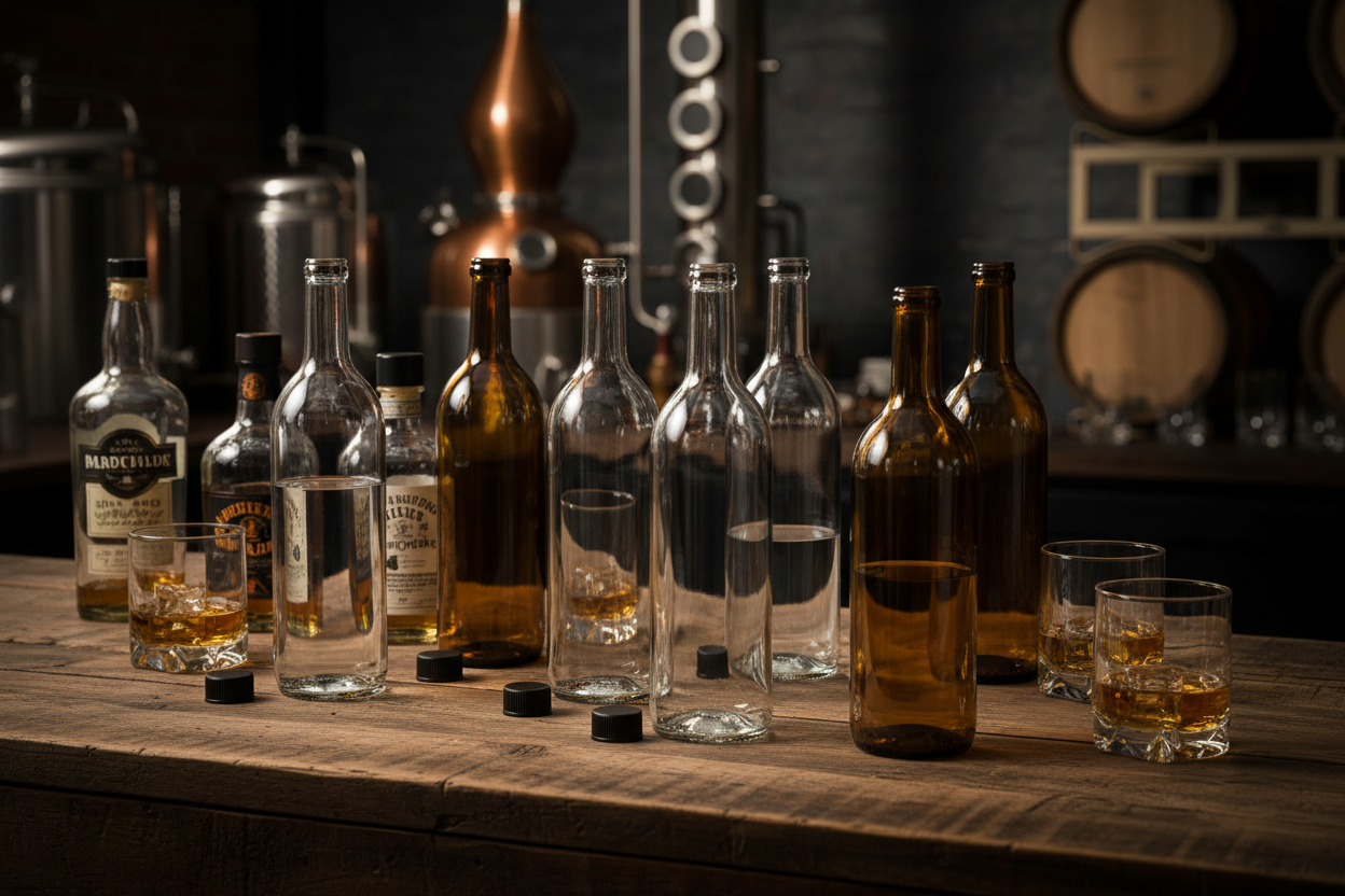 Botellas de vidrio 2312 750ml flint y ámbar en contexto de bar y destilería artesanal