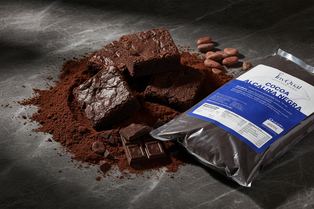 Cocoa alcalina negra en mármol oscuro con brownies y chocolate, estética premium