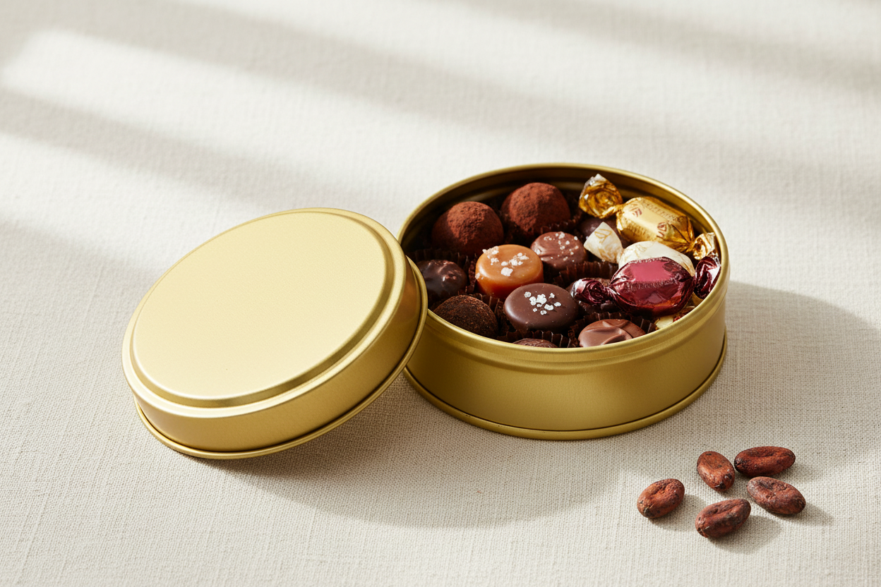 Caja metálica dorada abierta con chocolates artesanales y dulces — uso para alimentos gourmet