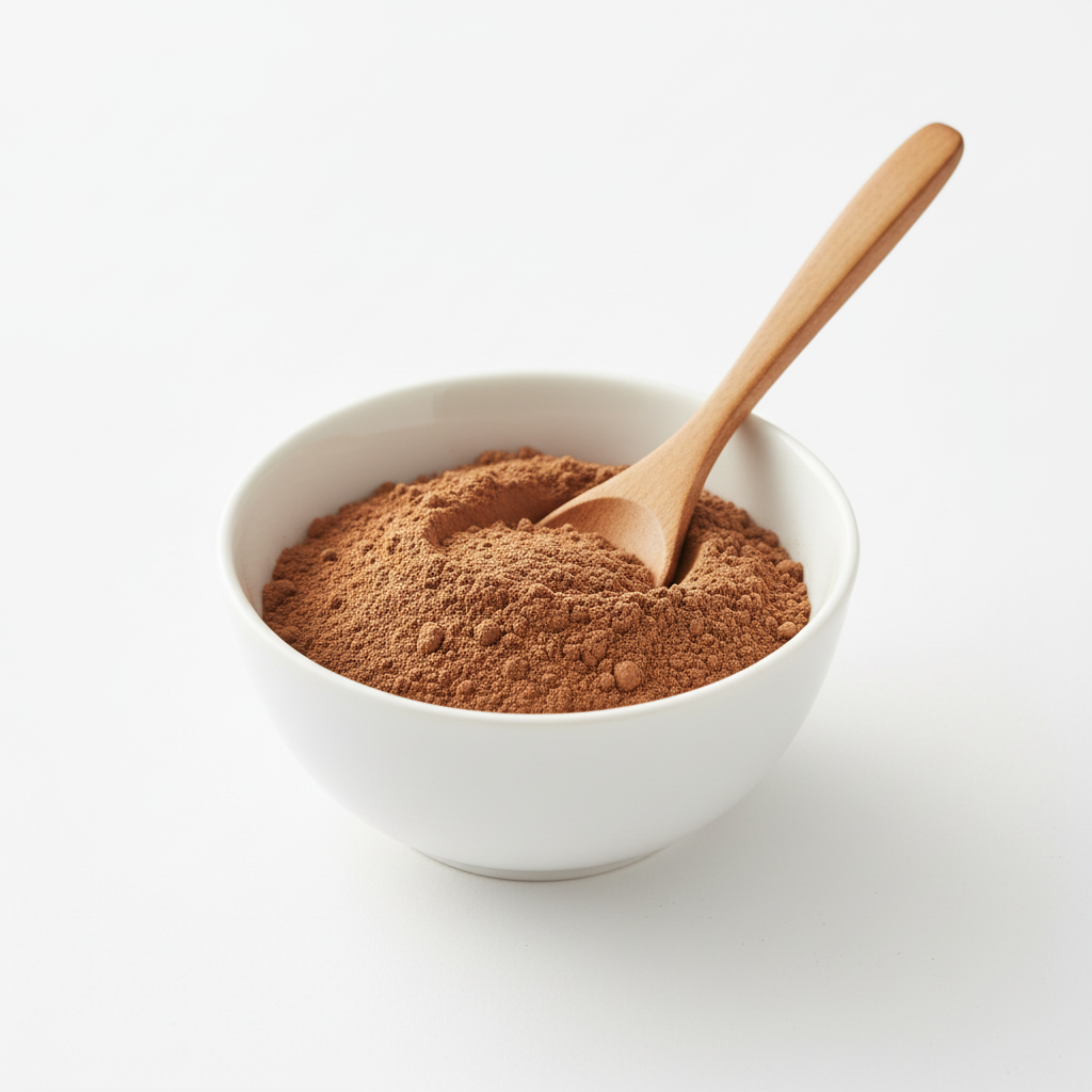 Cocoa en polvo alcalina suave en bowl blanco con cuchara de madera