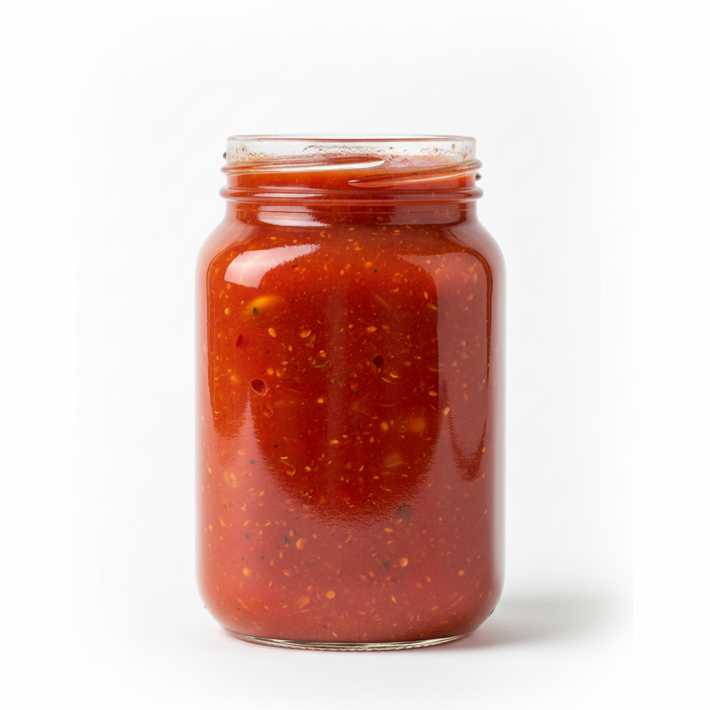 Envase de vidrio Flint 370ml con salsa de tomate mostrando transparencia del vidrio