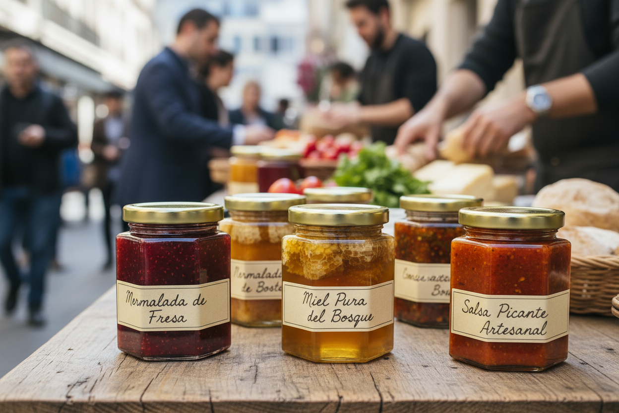 Frascos hexagonales con mermeladas y salsas en mercado gourmet