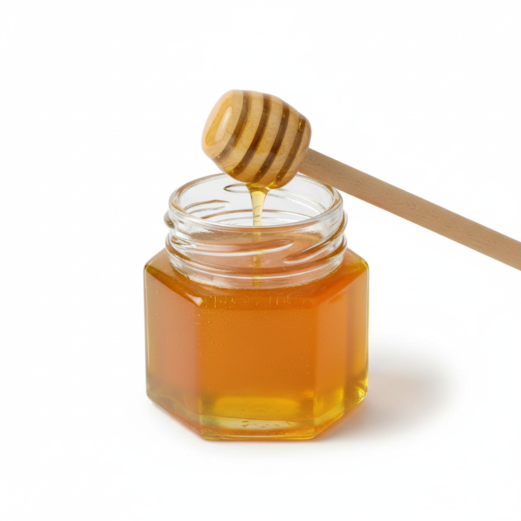Frasco hexagonal 50ml con miel mostrando uso final